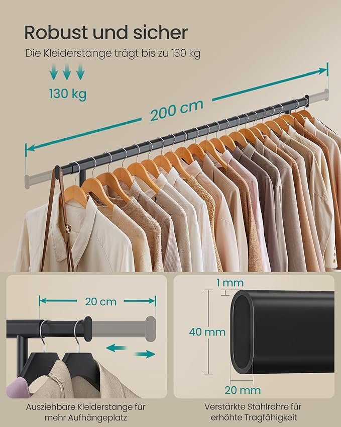 SONGMICS kl&auml;dst&auml;llning p� hjul, kraftig kl&auml;dst&auml;llning, utdragbar kl&auml;dst&auml;llning, maxbelastning 150 kg, enkel montering, portabel, svart HSR175B01