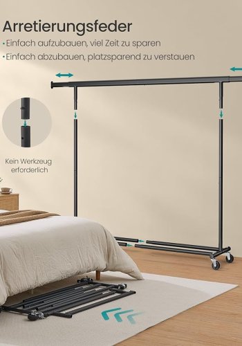 SONGMICS kl&auml;dst&auml;llning p� hjul, kraftig kl&auml;dst&auml;llning, utdragbar kl&auml;dst&auml;llning, maxbelastning 150 kg, enkel montering, portabel, svart HSR175B01