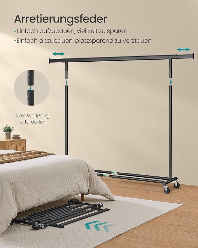 SONGMICS kl&auml;dst&auml;llning p� hjul, kraftig kl&auml;dst&auml;llning, utdragbar kl&auml;dst&auml;llning, maxbelastning 150 kg, enkel montering, portabel, svart HSR175B01