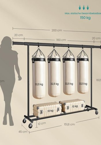 SONGMICS kl&auml;dst&auml;llning p� hjul, kraftig kl&auml;dst&auml;llning, utdragbar kl&auml;dst&auml;llning, maxbelastning 150 kg, enkel montering, portabel, svart HSR175B01