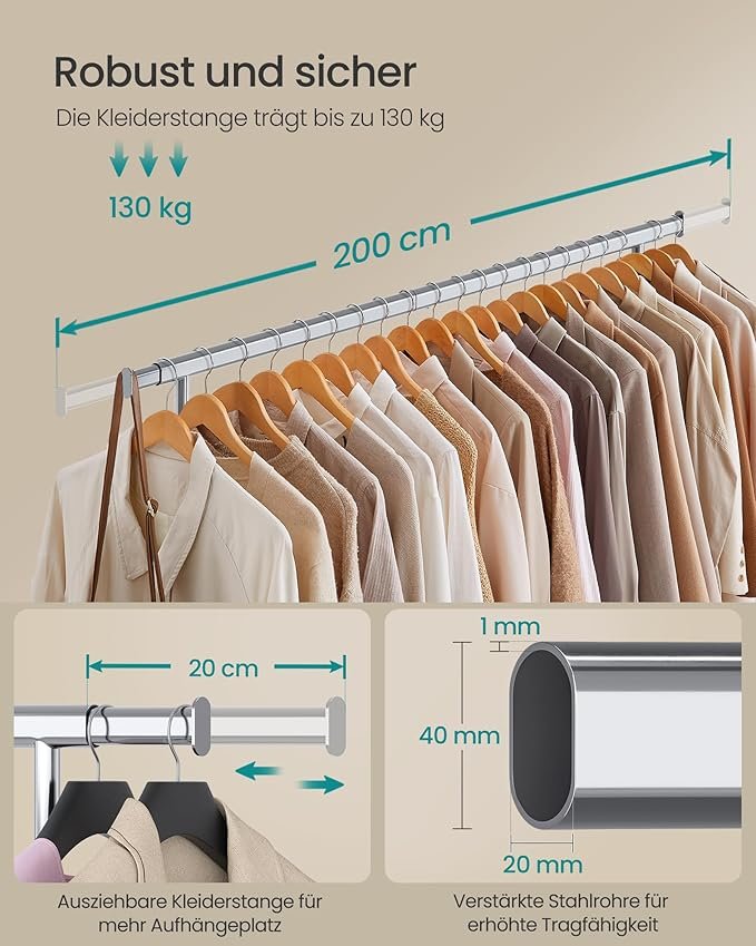 SONGMICS Klesstativ p� hjul Kraftig klesstativ Uttrekkbart klesstativ 150 kg Enkel montering B�rbar S�lv HSR175E01