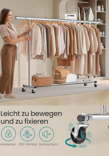 SONGMICS Klesstativ p� hjul Kraftig klesstativ Uttrekkbart klesstativ 150 kg Enkel montering B�rbar S�lv HSR175E01