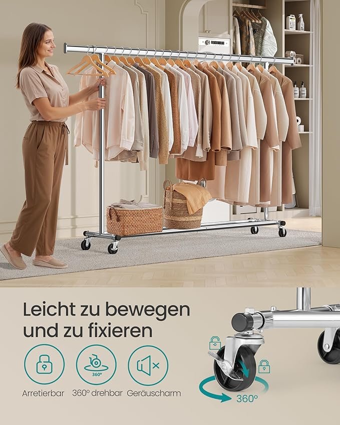 SONGMICS Klesstativ p� hjul Kraftig klesstativ Uttrekkbart klesstativ 150 kg Enkel montering B�rbar S�lv HSR175E01