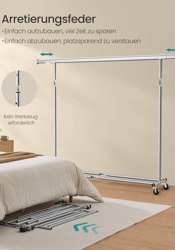 SONGMICS Klesstativ p� hjul Kraftig klesstativ Uttrekkbart klesstativ 150 kg Enkel montering B�rbar S�lv HSR175E01