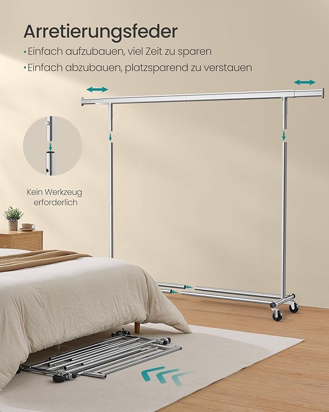 SONGMICS Klesstativ p� hjul Kraftig klesstativ Uttrekkbart klesstativ 150 kg Enkel montering B�rbar S�lv HSR175E01
