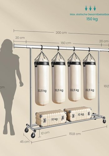 SONGMICS Klesstativ p� hjul Kraftig klesstativ Uttrekkbart klesstativ 150 kg Enkel montering B�rbar S�lv HSR175E01