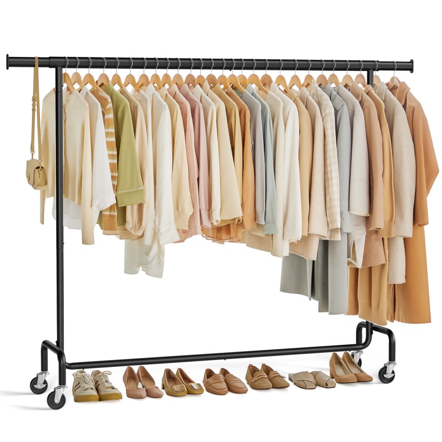 SONGMICS klesstativ p� hjul, kraftig klesstang, med uttrekkbar hengeskinne, 110 kg lastekapasitet, 45 x (160-200) x 162,9 cm, forkrommet, matt svart HSR176B01