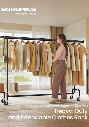 SONGMICS Kleiderst�nder auf Rollen, robuste Kleiderstange mit ausziehbarer Kleiderstange, Tragkraft 110 kg, 45 x (160�200) x 162,9 cm, verchromt, mattschwarz HSR176B01