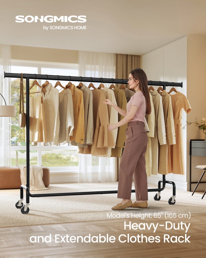 SONGMICS klesstativ p� hjul, kraftig klesstang, med uttrekkbar hengeskinne, 110 kg lastekapasitet, 45 x (160-200) x 162,9 cm, forkrommet, matt svart HSR176B01