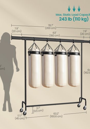 SONGMICS klesstativ p� hjul, kraftig klesstang, med uttrekkbar hengeskinne, 110 kg lastekapasitet, 45 x (160-200) x 162,9 cm, forkrommet, matt svart HSR176B01
