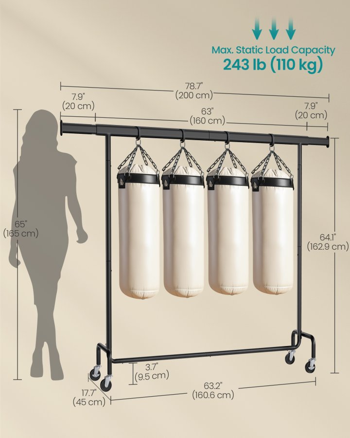 SONGMICS klesstativ p� hjul, kraftig klesstang, med uttrekkbar hengeskinne, 110 kg lastekapasitet, 45 x (160-200) x 162,9 cm, forkrommet, matt svart HSR176B01