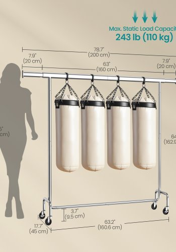 SONGMICS klesstativ p� hjul, kraftig klesstang, med uttrekkbar hengeskinne, 110 kg lastekapasitet, 45 x (160-200) x 162,9 cm, forkrommet, s�lvfarget HSR176E01