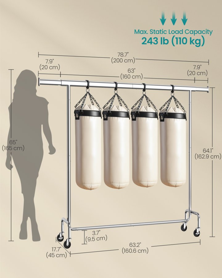 SONGMICS klesstativ p� hjul, kraftig klesstang, med uttrekkbar hengeskinne, 110 kg lastekapasitet, 45 x (160-200) x 162,9 cm, forkrommet, s�lvfarget HSR176E01