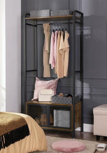 VASAGLE ben garderobeskab, m. 1 hylde, 1 bjlestang, 1 skab - rustik brun spnplade og sort stl