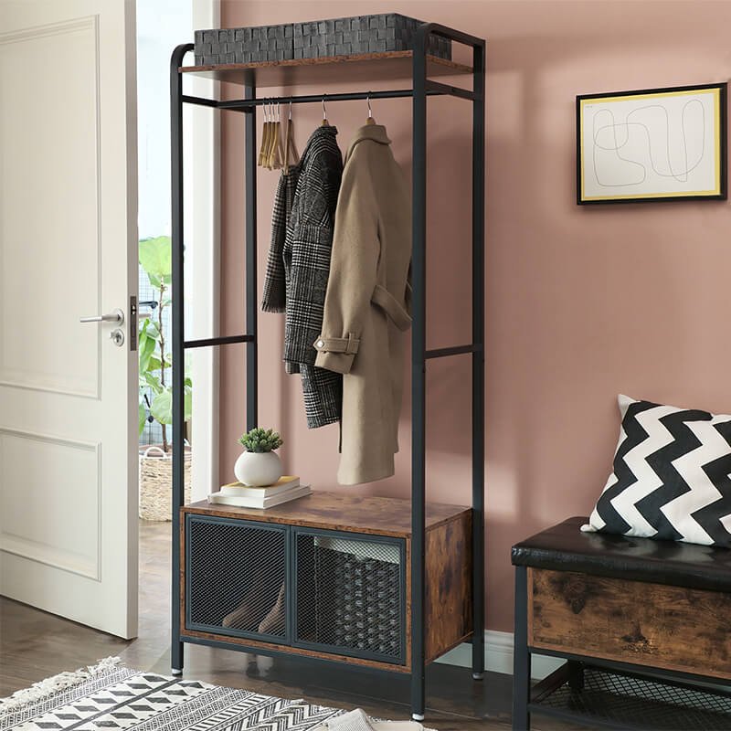 VASAGLE ben garderobeskab, m. 1 hylde, 1 bjlestang, 1 skab - rustik brun spnplade og sort stl