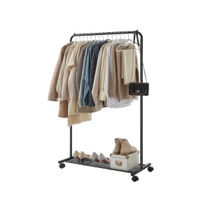 SONGMICS klesstativ p� hjul, klesstativ i metall med enkel skinne, med oppbevaringshylle, toppskinne, t�ler opptil 40 kg, svart HSR25BK
