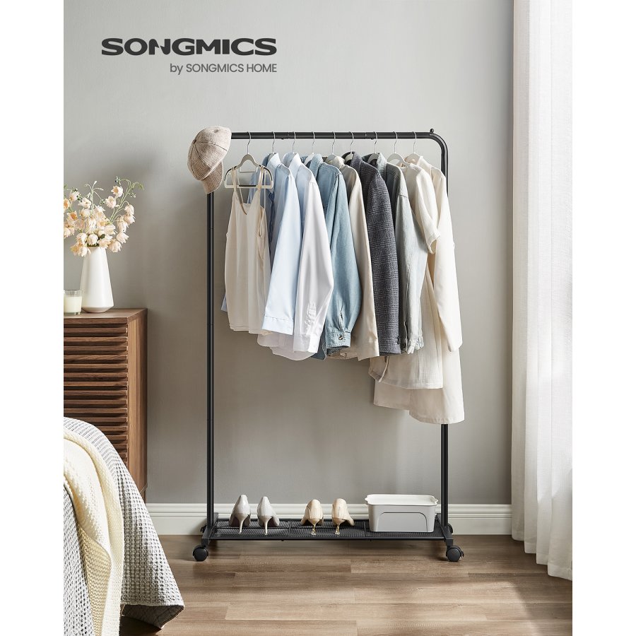 SONGMICS klesstativ p� hjul, klesstativ i metall med enkel skinne, med oppbevaringshylle, toppskinne, t�ler opptil 40 kg, svart HSR25BK