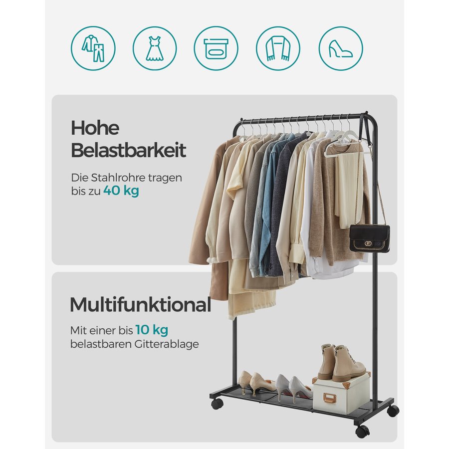 SONGMICS klesstativ p� hjul, klesstativ i metall med enkel skinne, med oppbevaringshylle, toppskinne, t�ler opptil 40 kg, svart HSR25BK