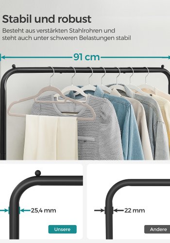 SONGMICS klesstativ p� hjul, klesstativ i metall med enkel skinne, med oppbevaringshylle, toppskinne, t�ler opptil 40 kg, svart HSR25BK