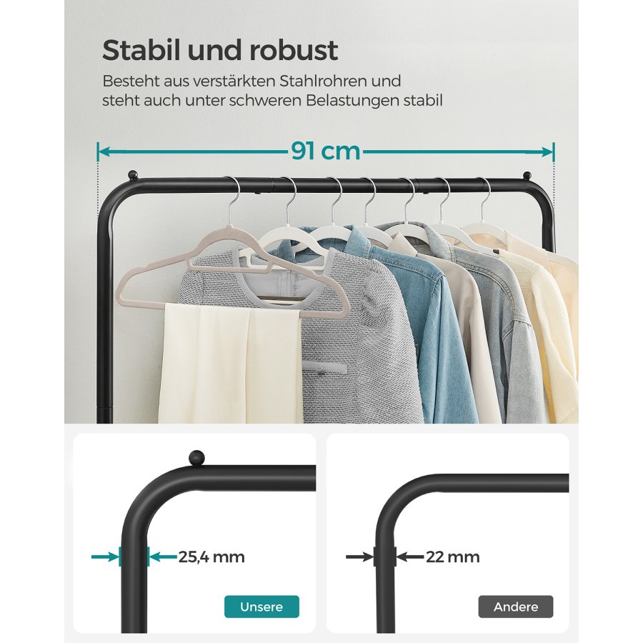 SONGMICS klesstativ p� hjul, klesstativ i metall med enkel skinne, med oppbevaringshylle, toppskinne, t�ler opptil 40 kg, svart HSR25BK