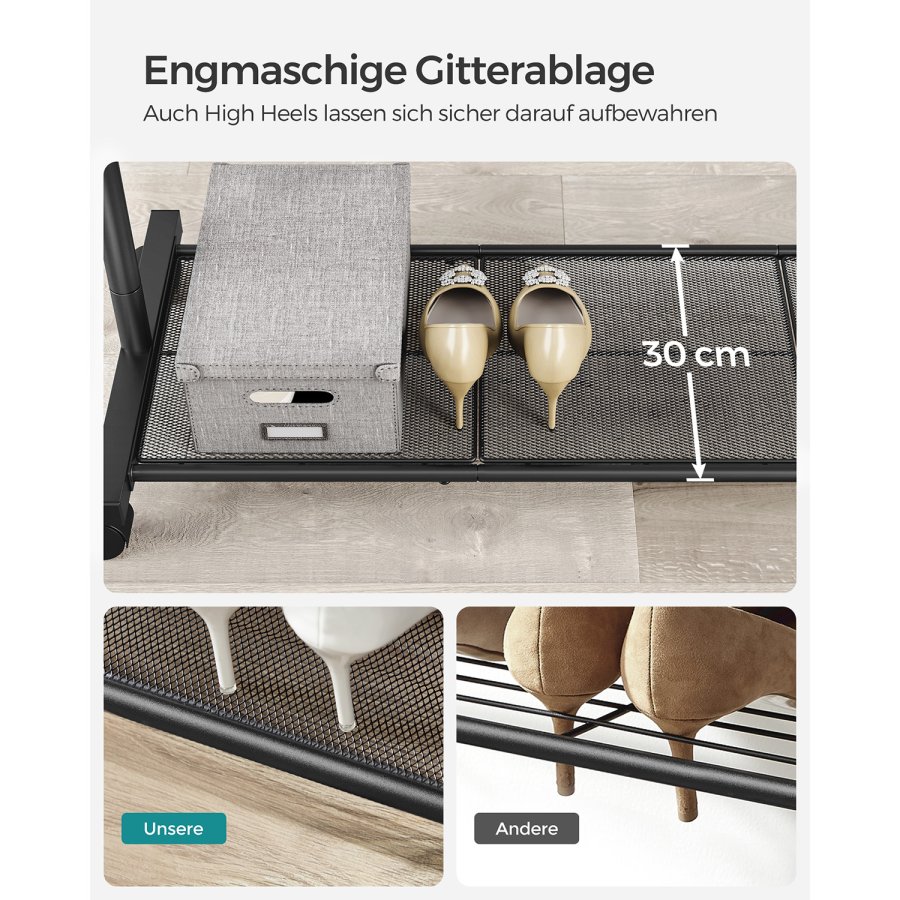 SONGMICS klesstativ p� hjul, klesstativ i metall med enkel skinne, med oppbevaringshylle, toppskinne, t�ler opptil 40 kg, svart HSR25BK