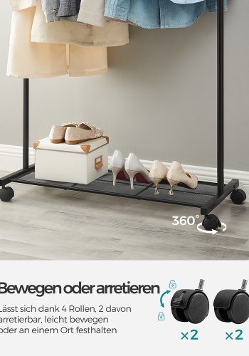 SONGMICS klesstativ p� hjul, klesstativ i metall med enkel skinne, med oppbevaringshylle, toppskinne, t�ler opptil 40 kg, svart HSR25BK