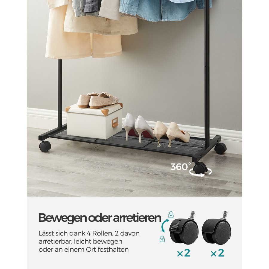 SONGMICS klesstativ p� hjul, klesstativ i metall med enkel skinne, med oppbevaringshylle, toppskinne, t�ler opptil 40 kg, svart HSR25BK