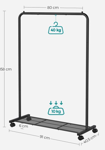 SONGMICS klesstativ p� hjul, klesstativ i metall med enkel skinne, med oppbevaringshylle, toppskinne, t�ler opptil 40 kg, svart HSR25BK