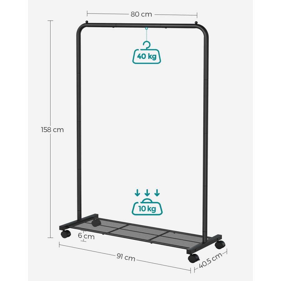 SONGMICS klesstativ p� hjul, klesstativ i metall med enkel skinne, med oppbevaringshylle, toppskinne, t�ler opptil 40 kg, svart HSR25BK