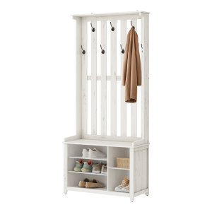 VASAGLE Ganghylle med benk og skooppbevaring, klesstativ med skobenk, 7 doble kroker for jakker, hatter, gang, soverom, stue, 33 x 81 x 193 cm, rustikk hvit HSR414WJ02