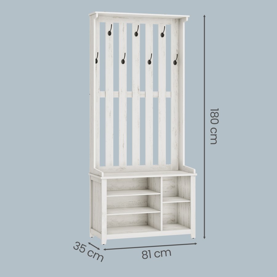 VASAGLE Ganghylle med benk og skooppbevaring, klesstativ med skobenk, 7 doble kroker for jakker, hatter, gang, soverom, stue, 33 x 81 x 193 cm, rustikk hvit HSR414WJ02