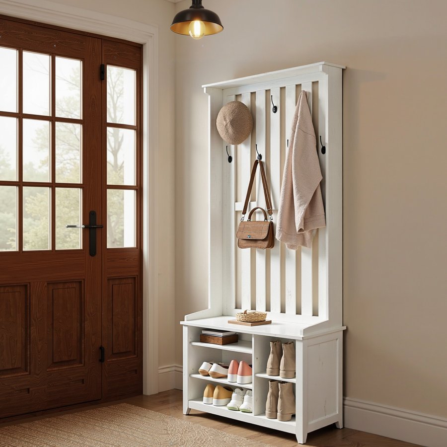 VASAGLE Ganghylle med benk og skooppbevaring, klesstativ med skobenk, 7 doble kroker for jakker, hatter, gang, soverom, stue, 33 x 81 x 193 cm, rustikk hvit HSR414WJ02