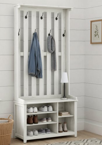 VASAGLE Ganghylle med benk og skooppbevaring, klesstativ med skobenk, 7 doble kroker for jakker, hatter, gang, soverom, stue, 33 x 81 x 193 cm, rustikk hvit HSR414WJ02