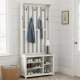 VASAGLE Ganghylle med benk og skooppbevaring, klesstativ med skobenk, 7 doble kroker for jakker, hatter, gang, soverom, stue, 33 x 81 x 193 cm, rustikk hvit HSR414WJ02