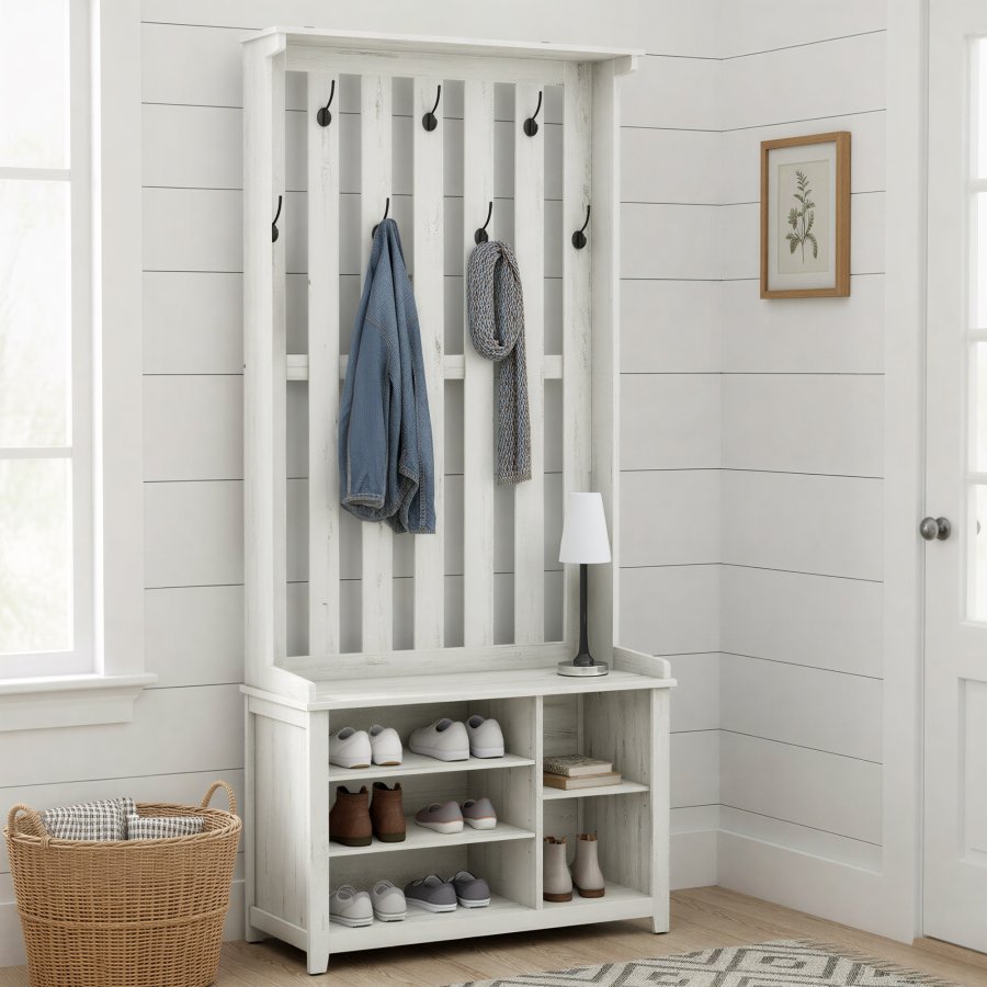 VASAGLE Ganghylle med benk og skooppbevaring, klesstativ med skobenk, 7 doble kroker for jakker, hatter, gang, soverom, stue, 33 x 81 x 193 cm, rustikk hvit HSR414WJ02