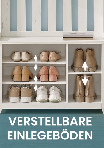 VASAGLE Ganghylle med benk og skooppbevaring, klesstativ med skobenk, 7 doble kroker for jakker, hatter, gang, soverom, stue, 33 x 81 x 193 cm, rustikk hvit HSR414WJ02