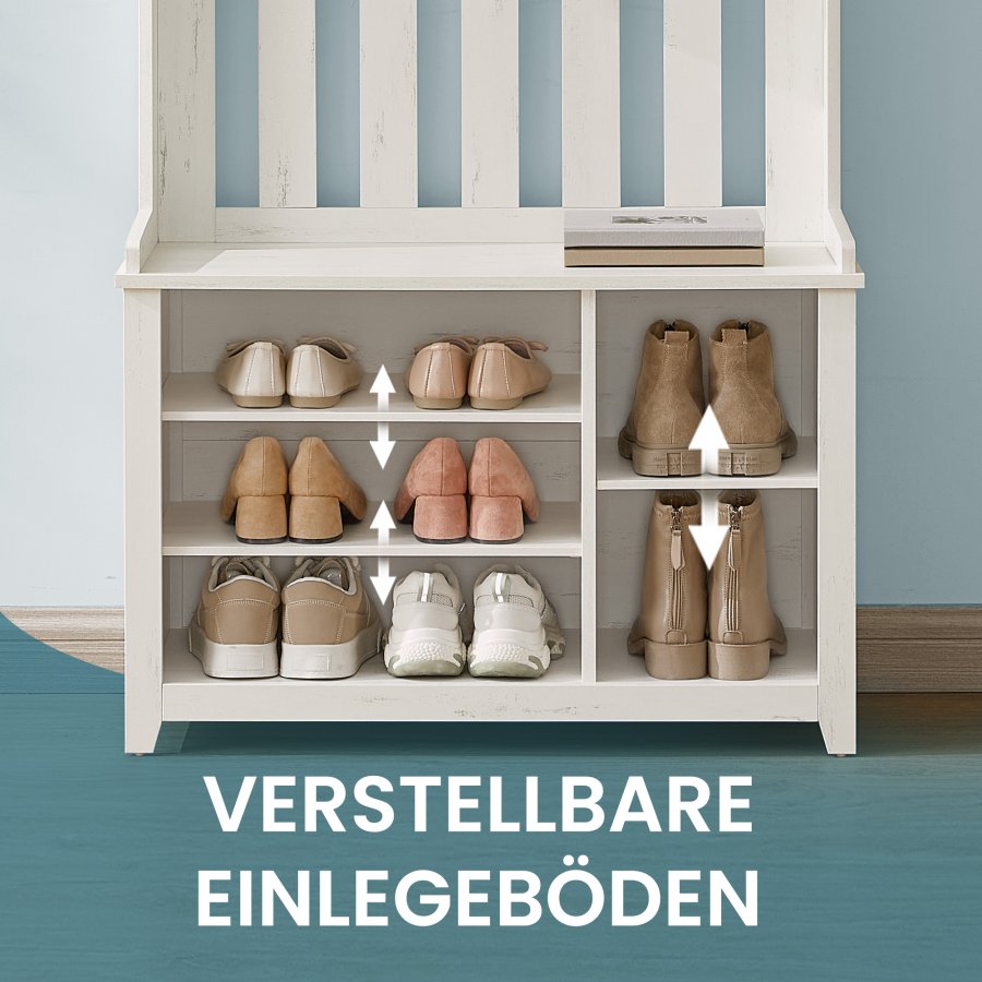 VASAGLE Ganghylle med benk og skooppbevaring, klesstativ med skobenk, 7 doble kroker for jakker, hatter, gang, soverom, stue, 33 x 81 x 193 cm, rustikk hvit HSR414WJ02