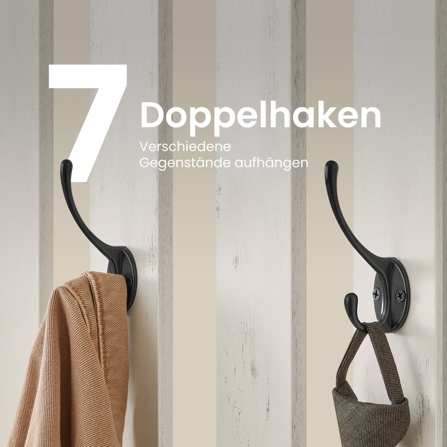 VASAGLE Ganghylle med benk og skooppbevaring, klesstativ med skobenk, 7 doble kroker for jakker, hatter, gang, soverom, stue, 33 x 81 x 193 cm, rustikk hvit HSR414WJ02