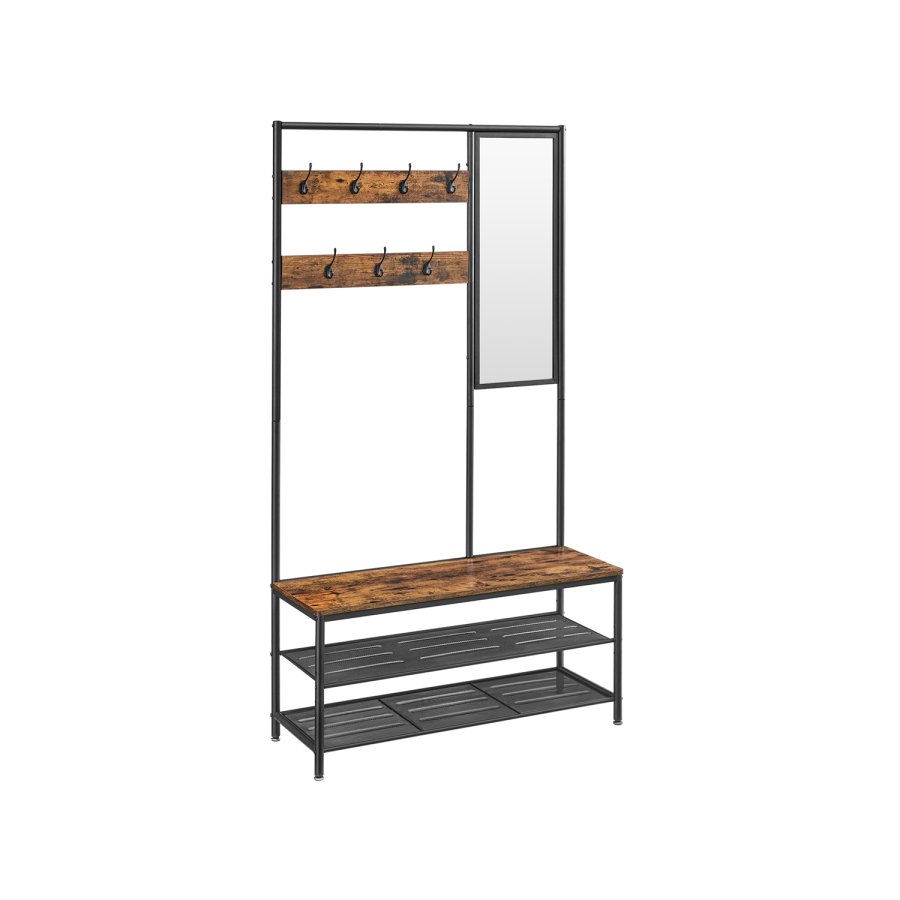 VASAGLE HSR415B01 entr�opstilling, m. spejl, 7 knager, 1 b�nk, 2 gitterhylder - vintage brun sp�nplade og sort st�l