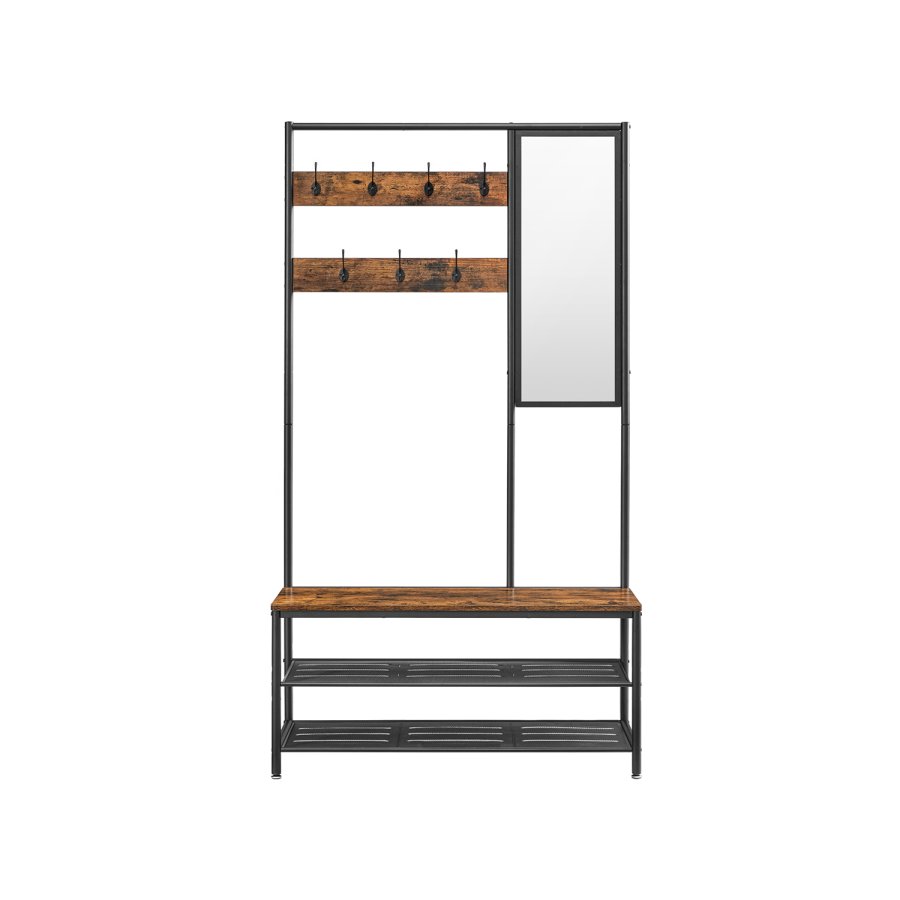 VASAGLE HSR415B01 entr�opstilling, m. spejl, 7 knager, 1 b�nk, 2 gitterhylder - vintage brun sp�nplade og sort st�l