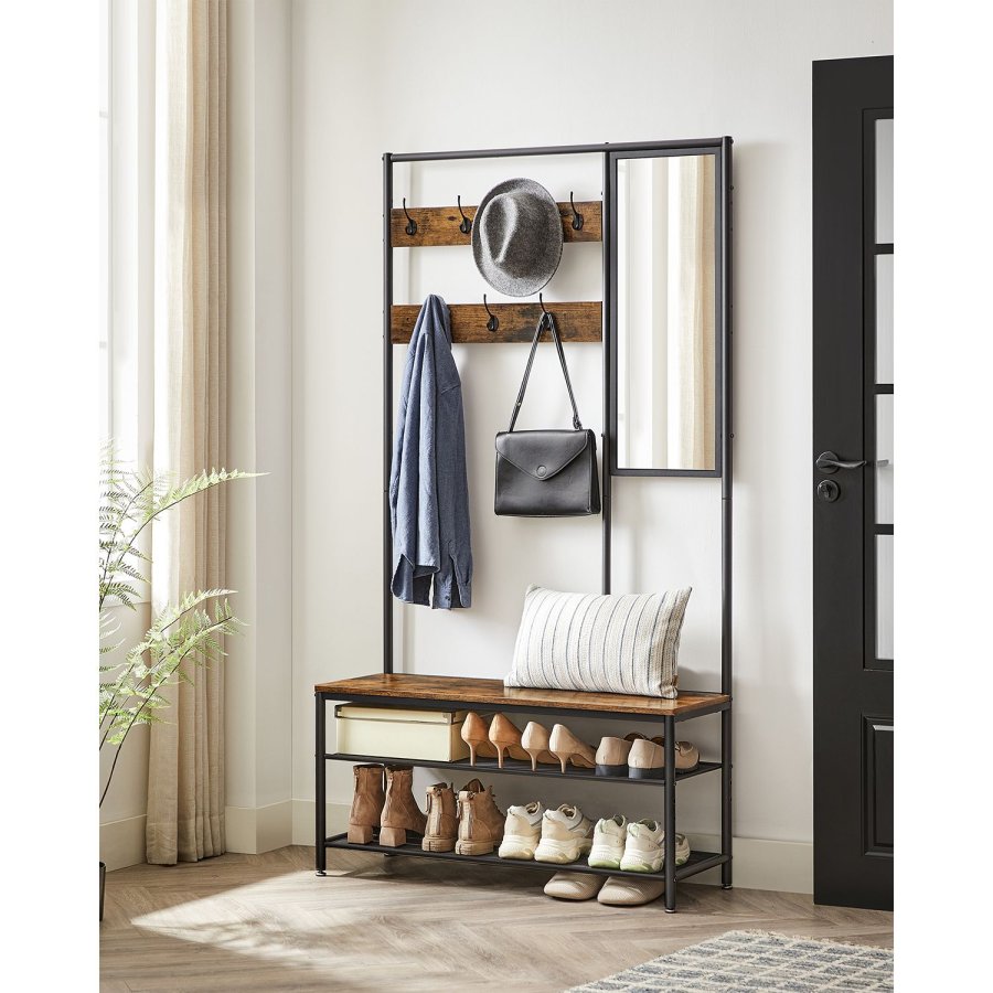 VASAGLE HSR415B01 entr�opstilling, m. spejl, 7 knager, 1 b�nk, 2 gitterhylder - vintage brun sp�nplade og sort st�l