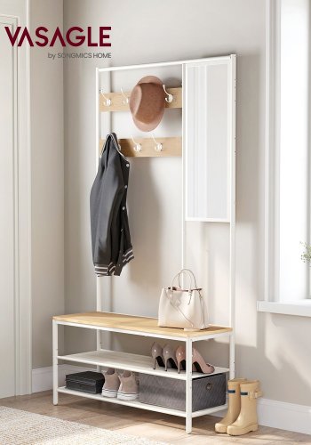 VASAGLE HSR415W09 entr�opstilling, m. spejl, 7 kroge, 2 hylder, b�nk - egetr�sfarvet sp�nplade og hvid st�l