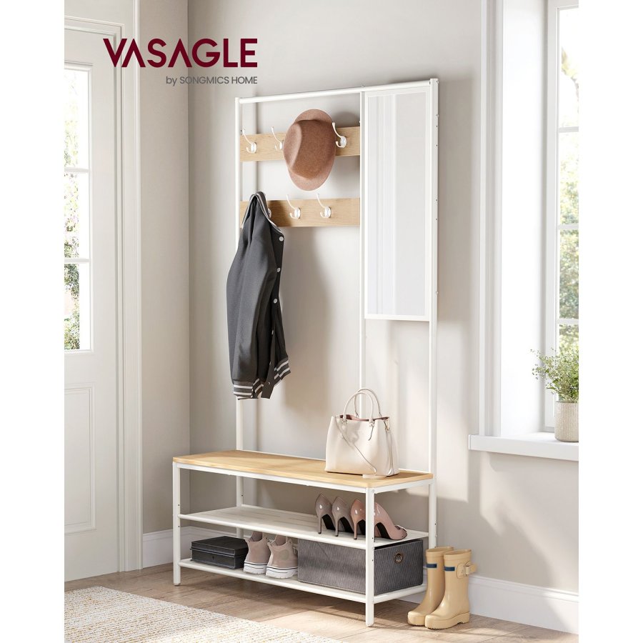 VASAGLE HSR415W09 entr�opstilling, m. spejl, 7 kroge, 2 hylder, b�nk - egetr�sfarvet sp�nplade og hvid st�l