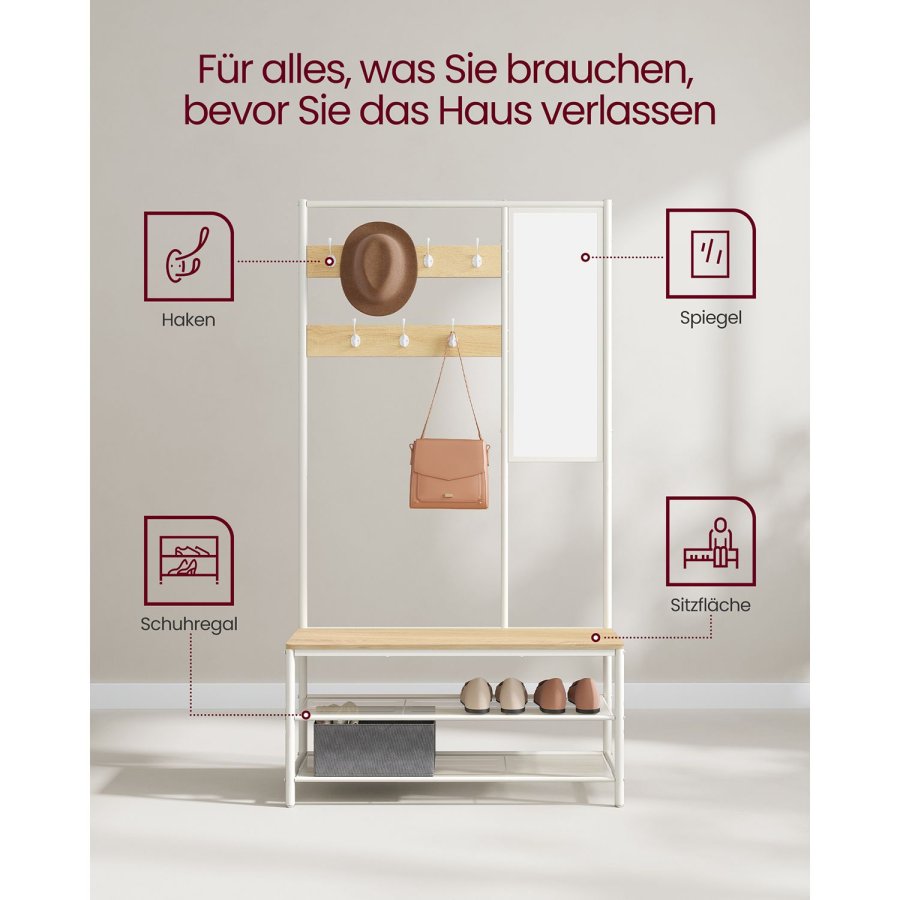 VASAGLE HSR415W09 entr�opstilling, m. spejl, 7 kroge, 2 hylder, b�nk - egetr�sfarvet sp�nplade og hvid st�l