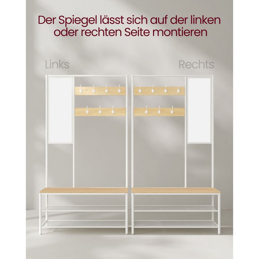 VASAGLE HSR415W09 entr�opstilling, m. spejl, 7 kroge, 2 hylder, b�nk - egetr�sfarvet sp�nplade og hvid st�l