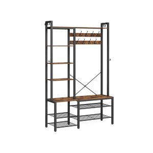 VASAGLE HSR426B01 entr�opstilling, m. 9 knager, 6 kroge, 8 hylder, b�nk - rustik brun sp�nplade og bl�ksort st�l