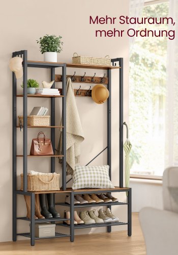 VASAGLE HSR426B01 entr�opstilling, m. 9 knager, 6 kroge, 8 hylder, b�nk - rustik brun sp�nplade og bl�ksort st�l