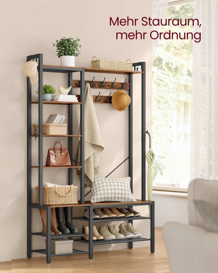 VASAGLE HSR426B01 entr�opstilling, m. 9 knager, 6 kroge, 8 hylder, b�nk - rustik brun sp�nplade og bl�ksort st�l