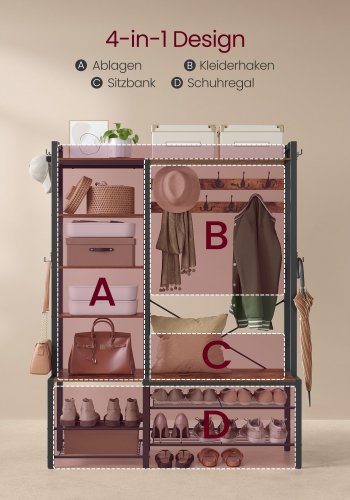 VASAGLE HSR426B01 entr�opstilling, m. 9 knager, 6 kroge, 8 hylder, b�nk - rustik brun sp�nplade og bl�ksort st�l