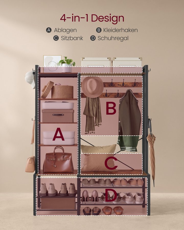 VASAGLE HSR426B01 entr�opstilling, m. 9 knager, 6 kroge, 8 hylder, b�nk - rustik brun sp�nplade og bl�ksort st�l